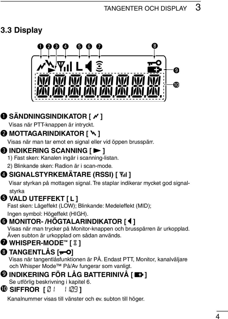 Tre staplar indikerar mycket god signalstyrka VALD UTEFFEKT [ ] Fast sken: Lågeffekt (LOW); Blinkande: Medeleffekt (MID); Ingen symbol: Högeffekt (HIGH).