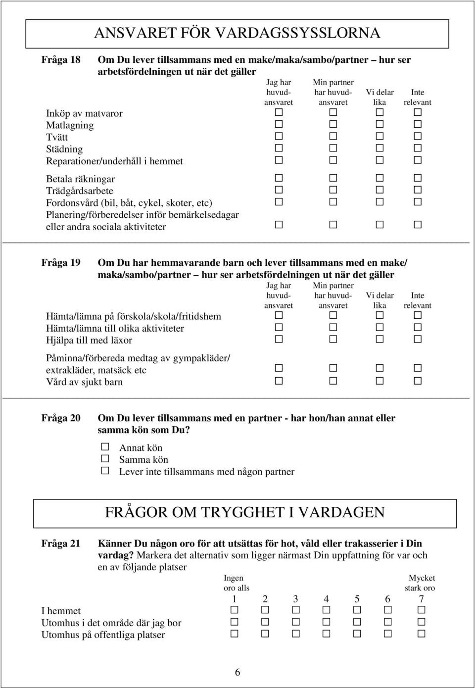 andra sociala aktiviteter Fråga 19 ANSVARET FÖR VARDAGSSYSSLORNA Om Du har hemmavarande barn och lever tillsammans med en make/ maka/sambo/partner hur ser arbetsfördelningen ut när det gäller Jag har