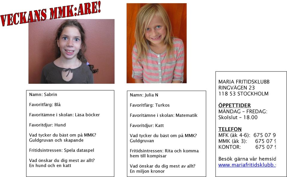 En hund och en katt Namn: Julia N Favoritfärg: Turkos Favoritämne i skolan: Matematik Favoritdjur: Katt Vad tycker du bäst om på MMK?