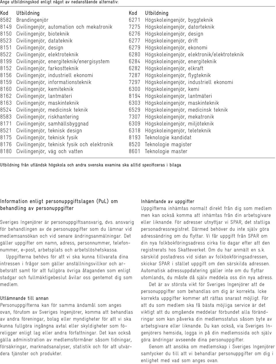 ekonomi 8522 Civilingenjör, elektroteknik 6280 Högskoleingenjör, elektronik/elektroteknik 8199 Civilingenjör, energiteknik/energisystem 6284 Högskoleingenjör, energiteknik 8152 Civilingenjör,