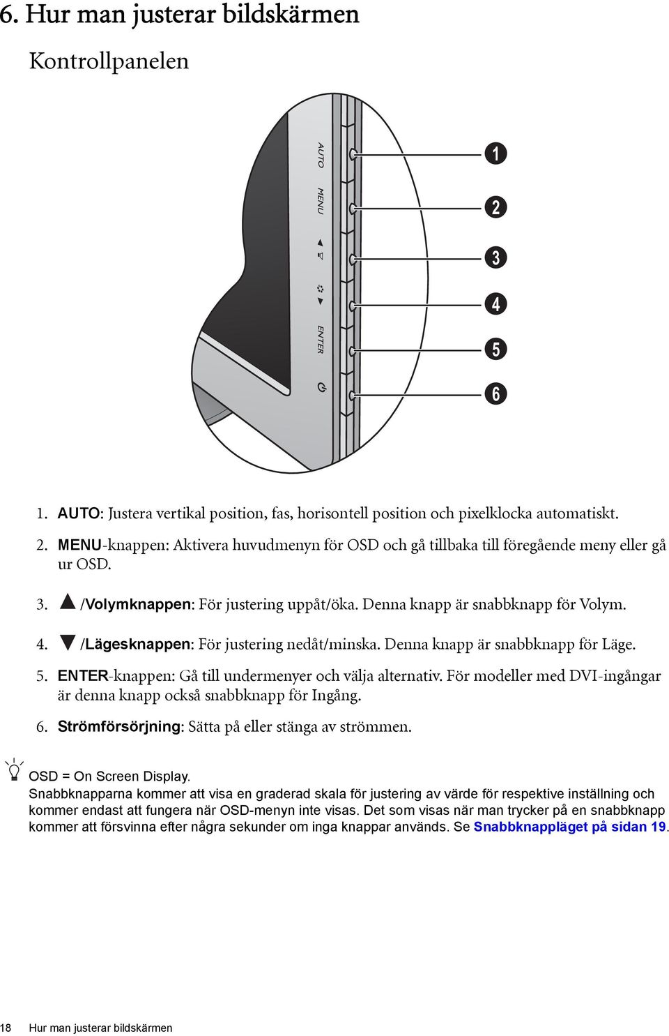 ENTER-knappen: Gå till undermenyer och välja alternativ. För modeller med DVI-ingångar är denna knapp också snabbknapp för Ingång. 6. Strömförsörjning: Sätta på eller stänga av strömmen.