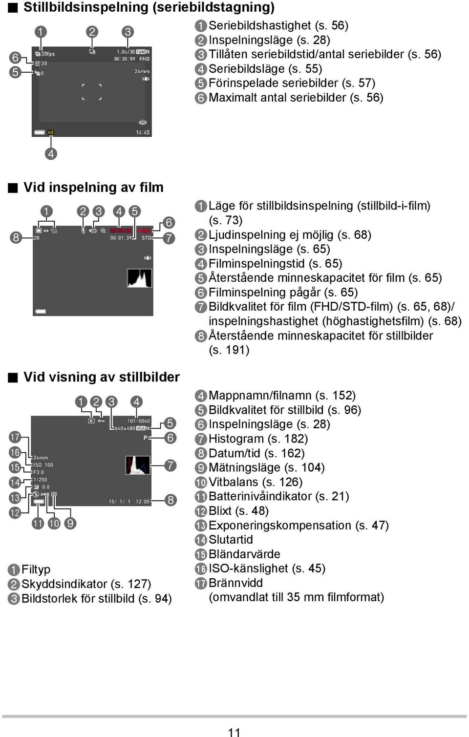 Vid visning av stillbilder br bq bp bo bn bm blbk9 123 4 5 6 7 8 Filtyp Skyddsindikator (s. 127) Bildstorlek för stillbild (s. 94) Läge för stillbildsinspelning (stillbild-i-film) (s.