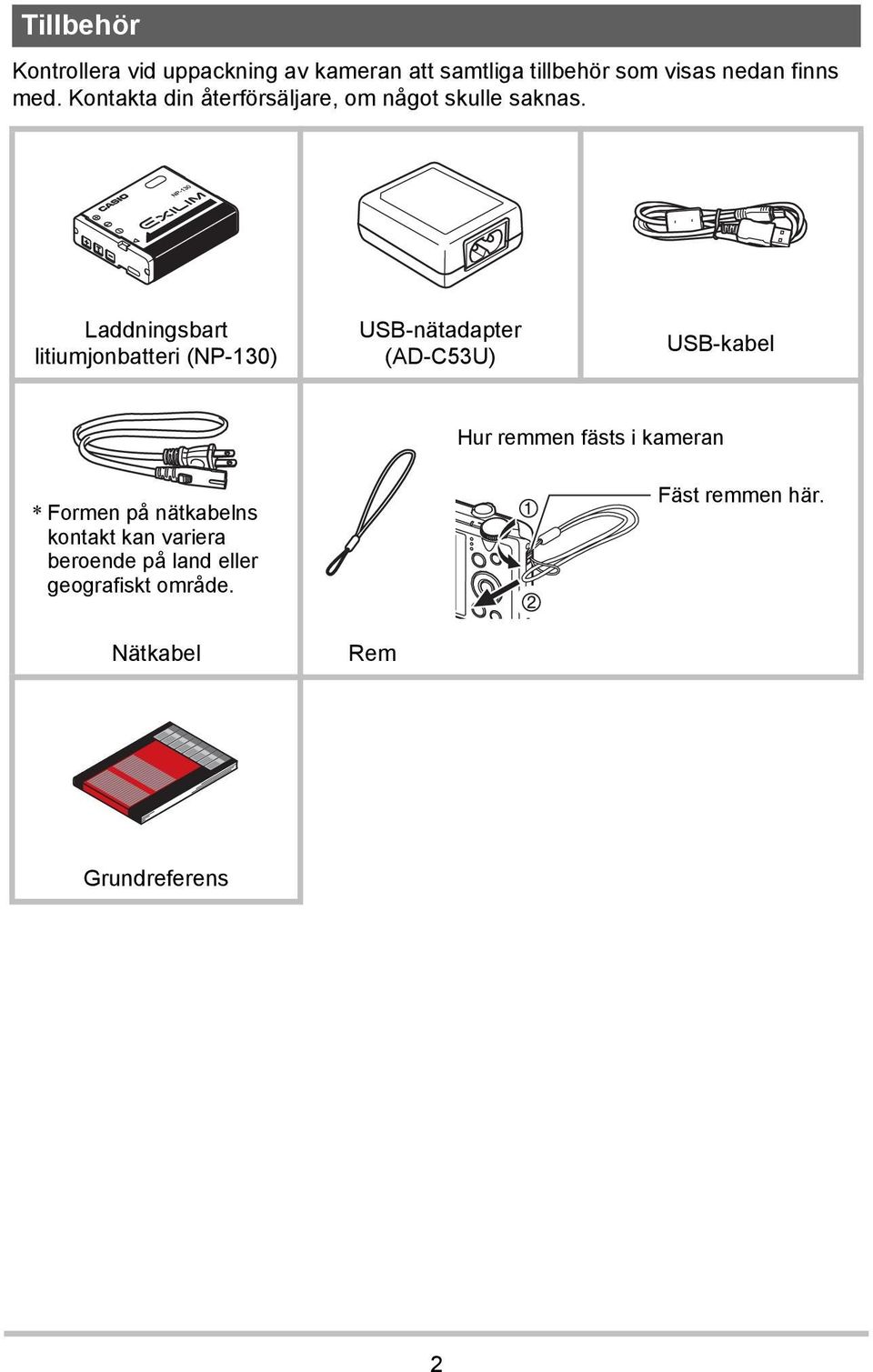 Laddningsbart litiumjonbatteri (NP-130) USB-nätadapter (AD-C53U) USB-kabel Hur remmen fästs i