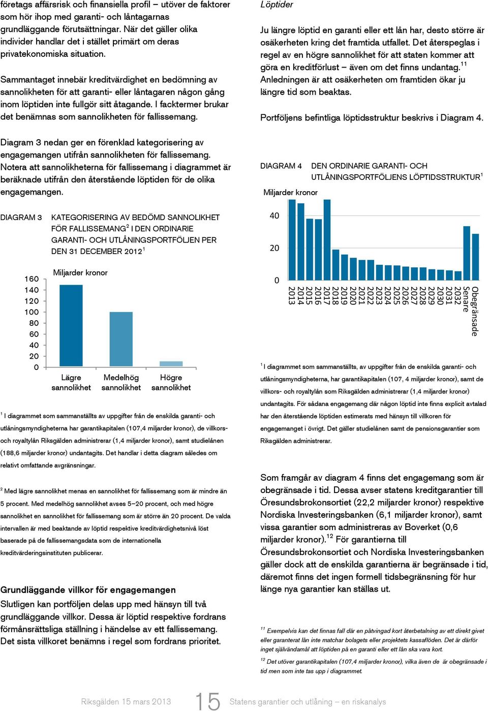 Sammantaget innebär kreditvärdighet en bedömning av sannolikheten för att garanti- eller låntagaren någon gång inom löptiden inte fullgör sitt åtagande.