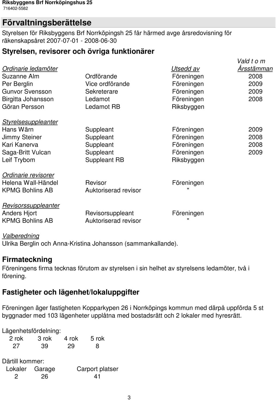 Föreningen 2008 Göran Persson Ledamot RB Riksbyggen Styrelsesuppleanter Hans Wärn Suppleant Föreningen 2009 Jimmy Steiner Suppleant Föreningen 2008 Kari Kanerva Suppleant Föreningen 2008 Saga-Britt