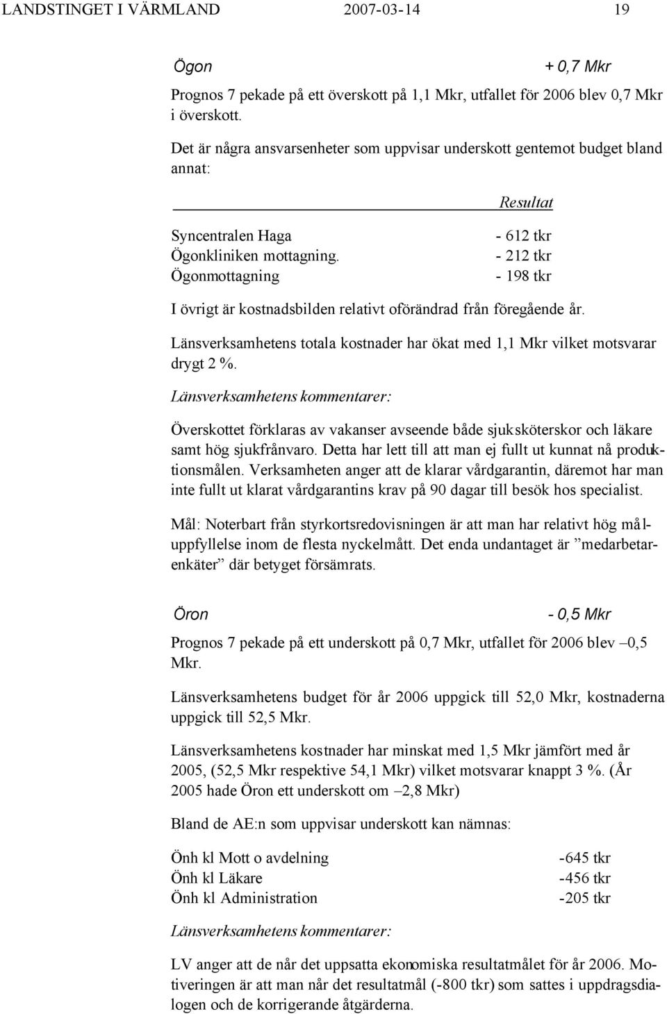 Ögonmottagning - 612 tkr - 212 tkr - 198 tkr I övrigt är kostnadsbilden relativt oförändrad från föregående år. Länsverksamhetens totala kostnader har ökat med 1,1 Mkr vilket motsvarar drygt 2 %.