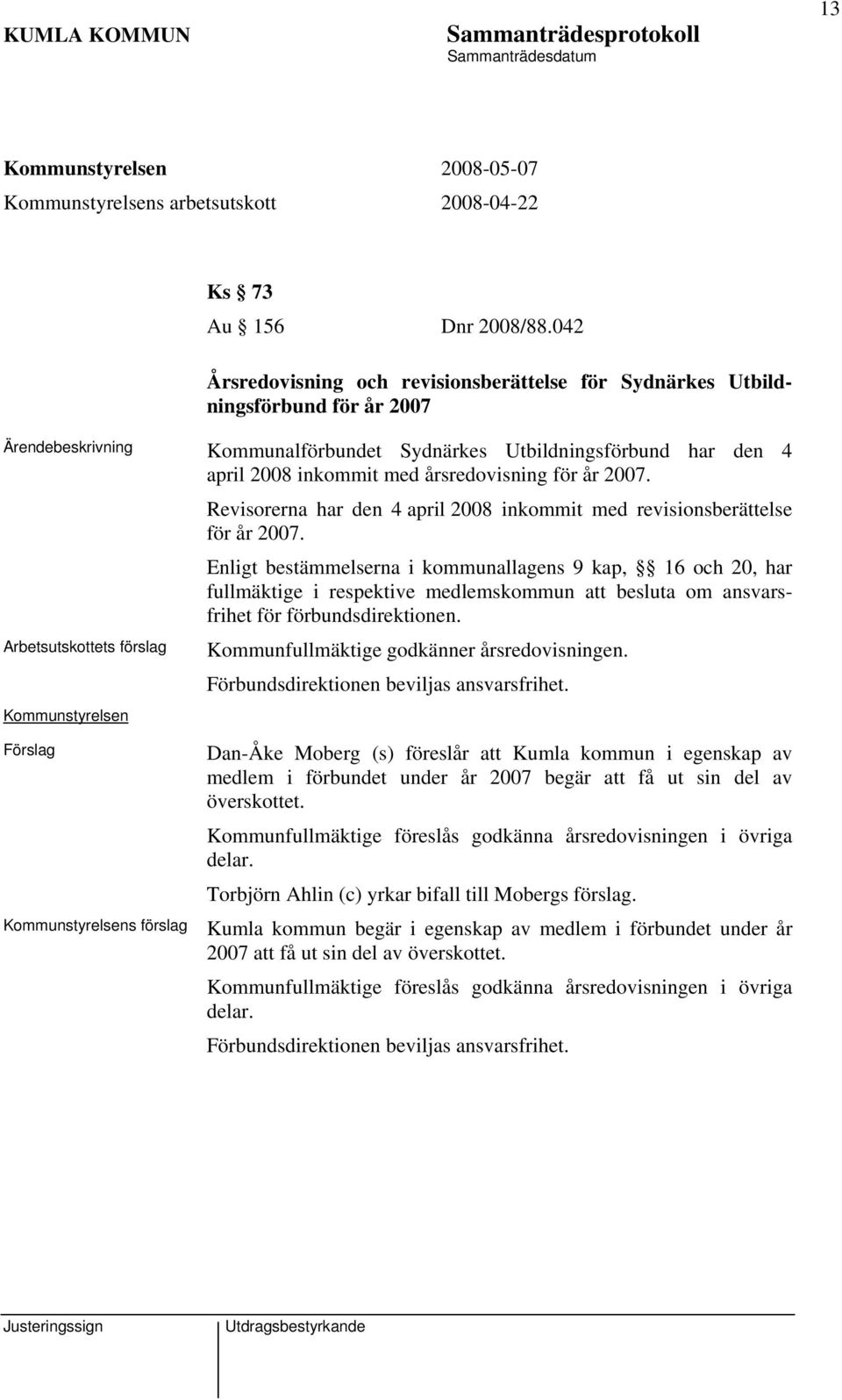 Kommunstyrelsen Revisorerna har den 4 april 2008 inkommit med revisionsberättelse för år 2007.