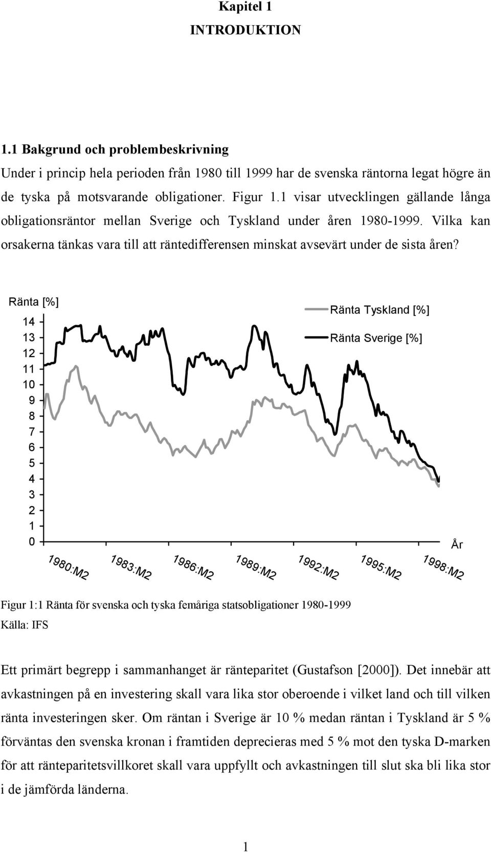 1 visar utvecklingen gällande långa obligationsräntor mellan Sverige och Tyskland under åren 1980-1999. Vilka kan orsakerna tänkas vara till att räntedifferensen minskat avsevärt under de sista åren?
