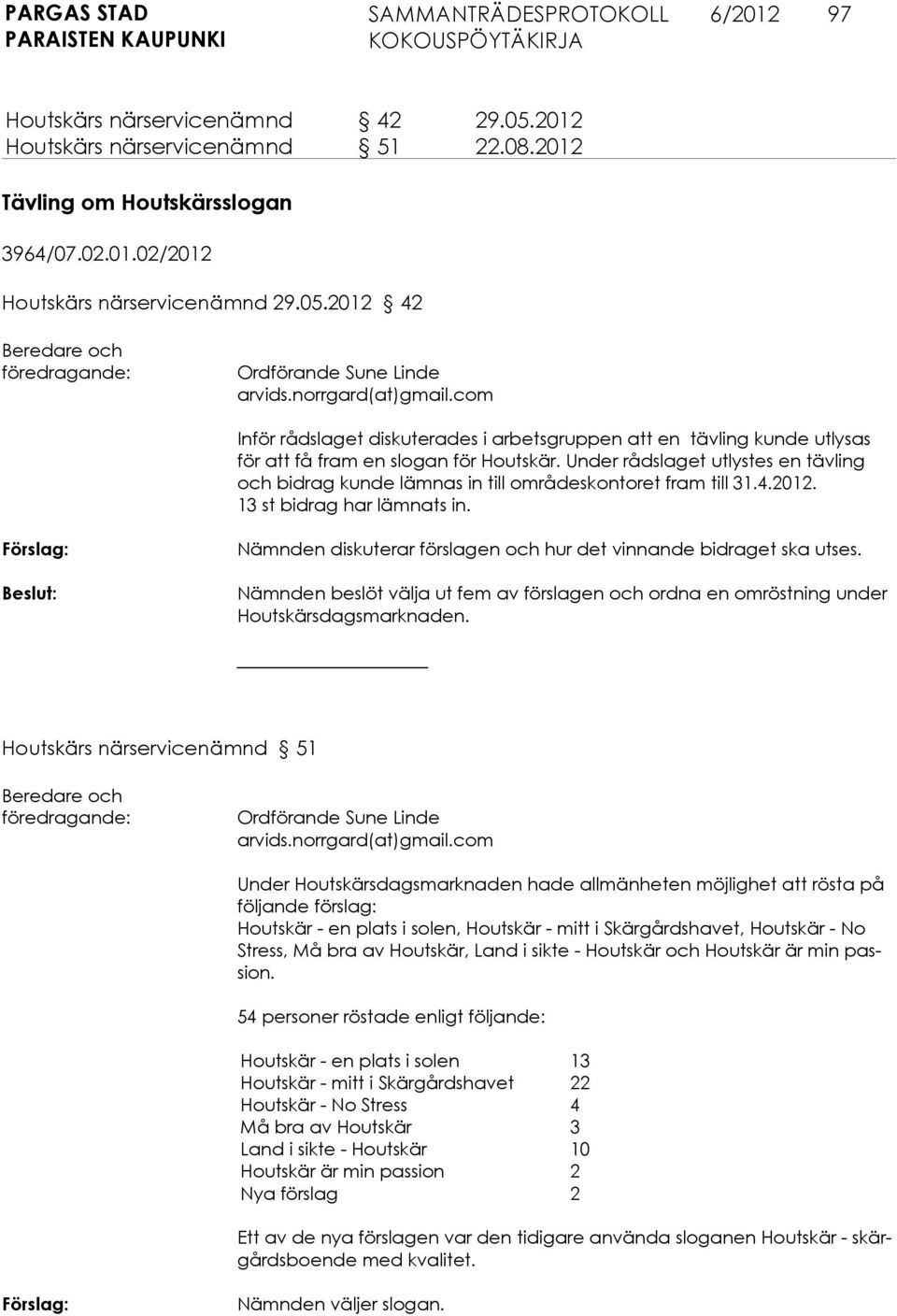 Nämnden diskuterar förslagen och hur det vinnande bidraget ska utses. Nämnden beslöt välja ut fem av förslagen och ordna en omröstning under Houtskärsdagsmarknaden.