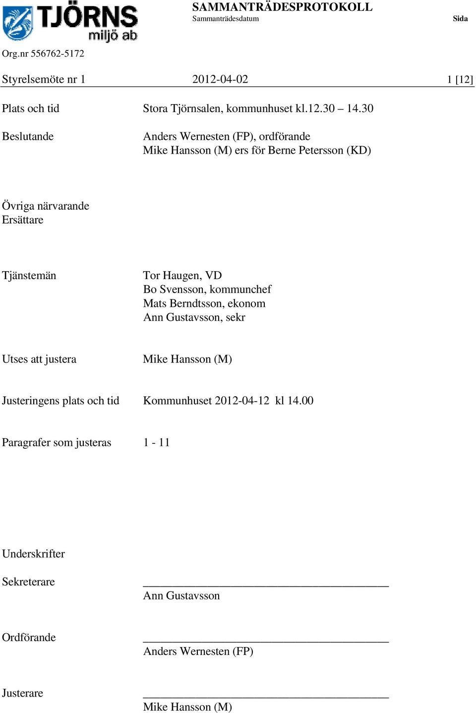 Tor Haugen, VD Bo Svensson, kommunchef Mats Berndtsson, ekonom Ann Gustavsson, sekr Utses att justera Mike Hansson (M) Justeringens