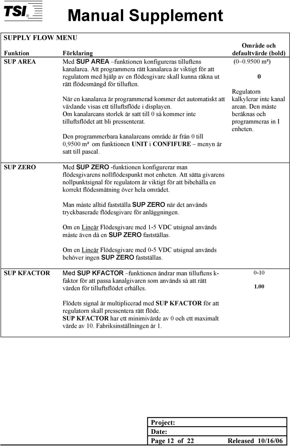 När en kanalarea är programmerad kommer det automatiskt att växlande visas ett tilluftsflöde i displayen. Om kanalareans storlek är satt till 0 så kommer inte tilluftsflödet att bli pressenterat.