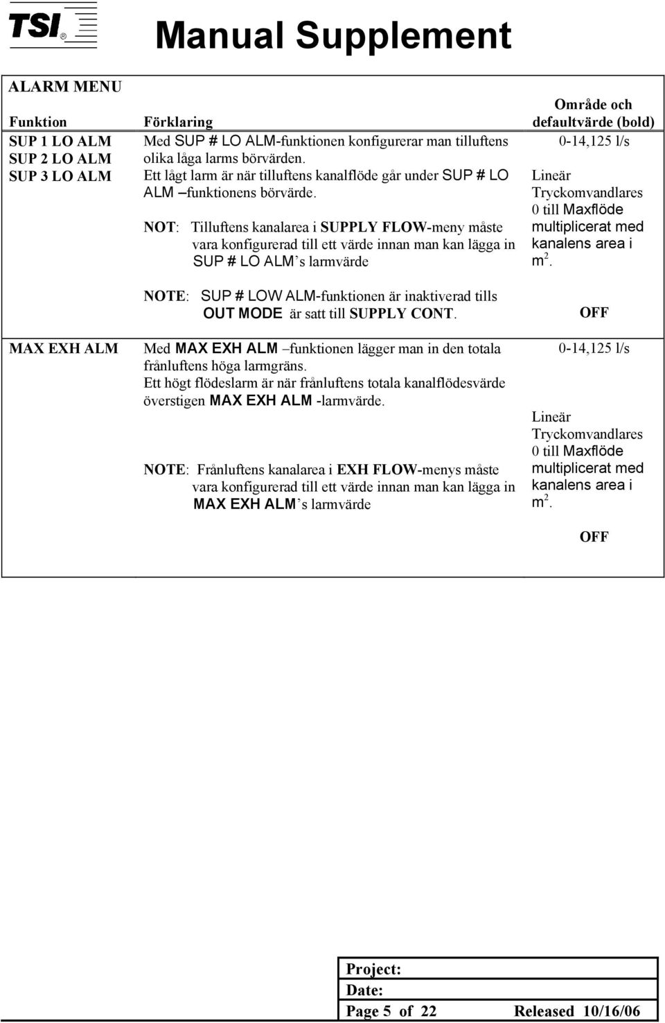 NOT: Tilluftens kanalarea i SUPPLY FLOW-meny måste vara konfigurerad till ett värde innan man kan lägga in SUP # LO ALM s larmvärde NOTE: SUP # LOW ALM-funktionen är inaktiverad tills OUT MODE är