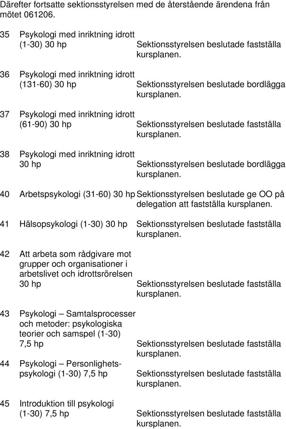 38 Psykologi med inriktning idrott 30 hp Sektionsstyrelsen beslutade bordlägga 40 Arbetspsykologi (31-60) 30 hp Sektionsstyrelsen beslutade ge OO på delegation att fastställa 41