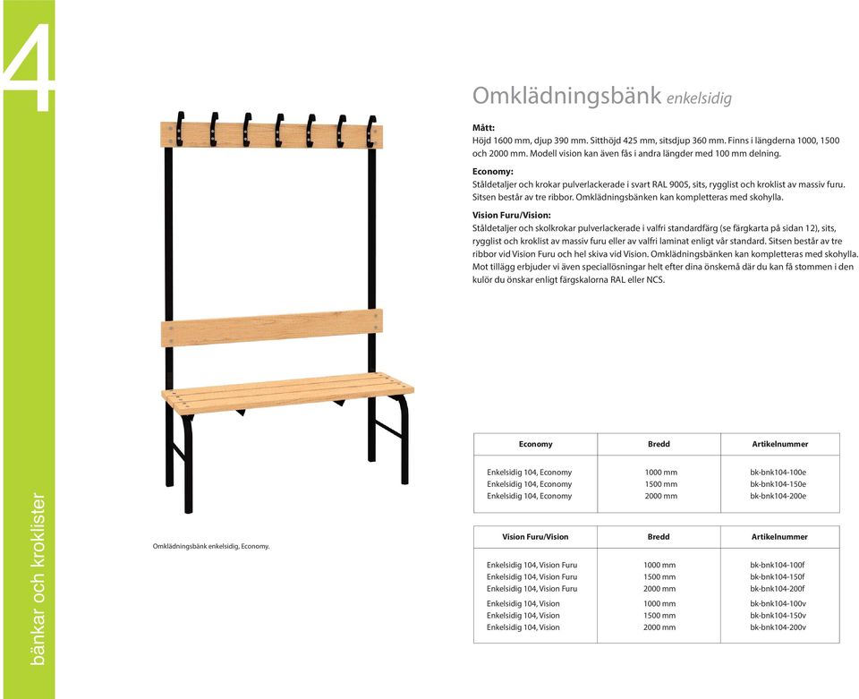 Vision Furu/Vision: Ståldetaljer och skolkrokar pulverlackerade i valfri standardfärg (se färgkarta på sidan 12), sits, rygglist och kroklist av massiv furu eller av valfri laminat enligt vår