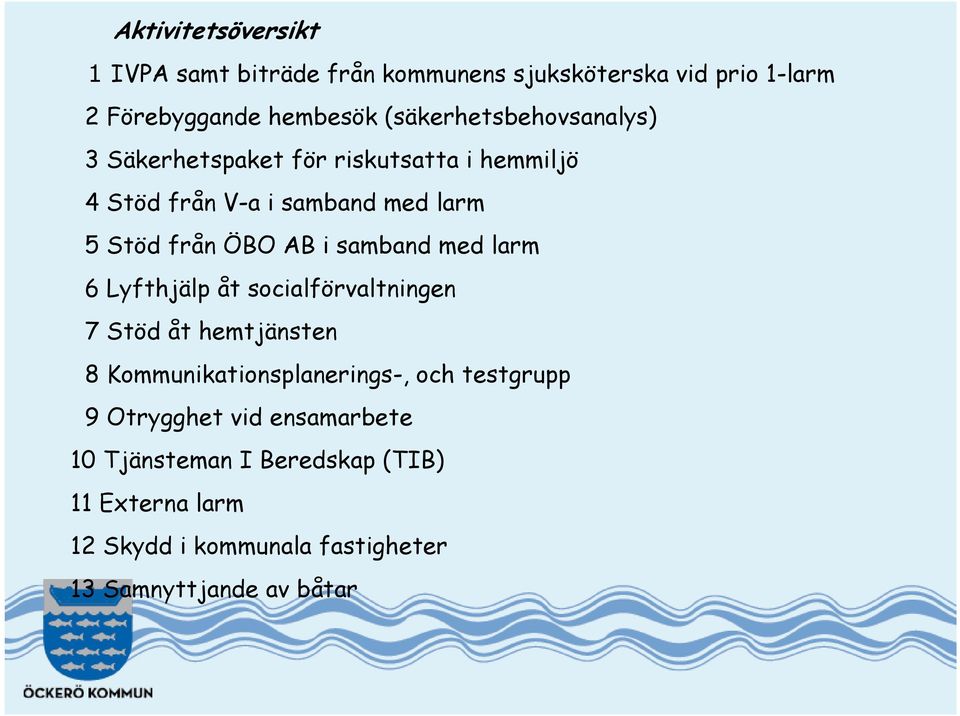 AB i samband med larm 6 Lyfthjälp åt socialförvaltningen 7 Stöd åt hemtjänsten 8 Kommunikationsplanerings-, och