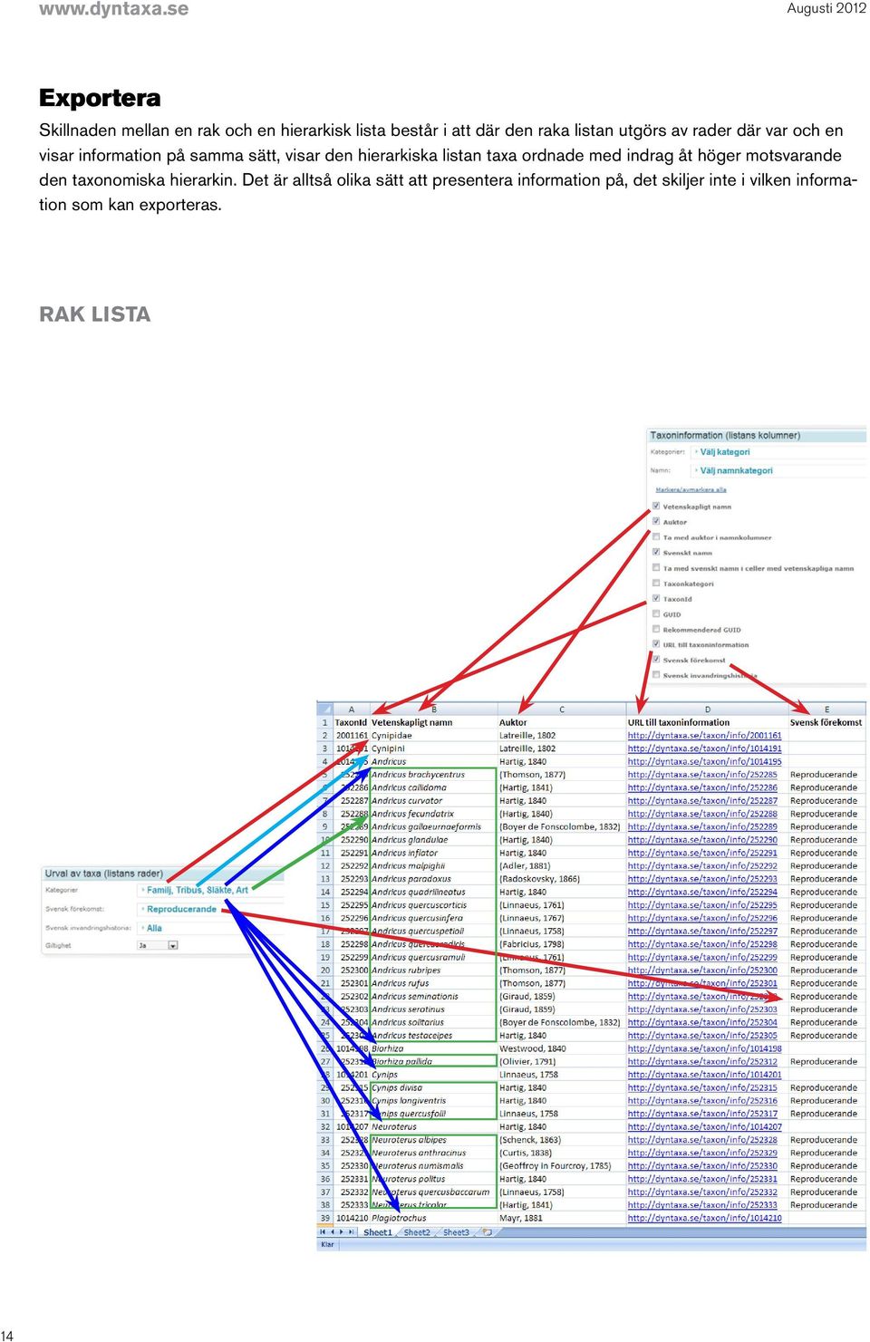 listan utgörs av rader där var och en visar information på samma sätt, visar den hierarkiska listan