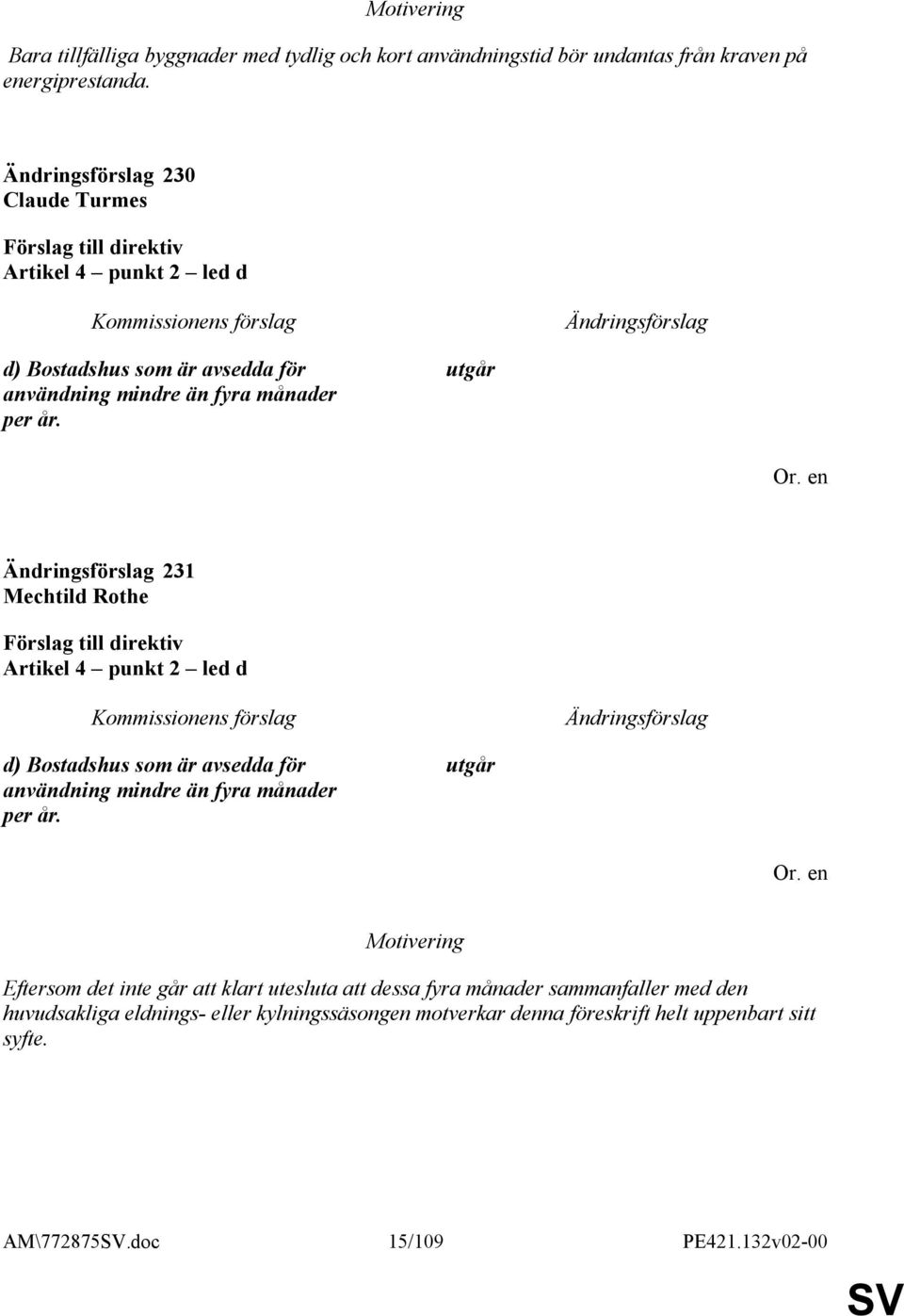 utgår 231 Mechtild Rothe Artikel 4 punkt 2 led d d) Bostadshus som är avsedda för användning mindre än fyra månader per år.