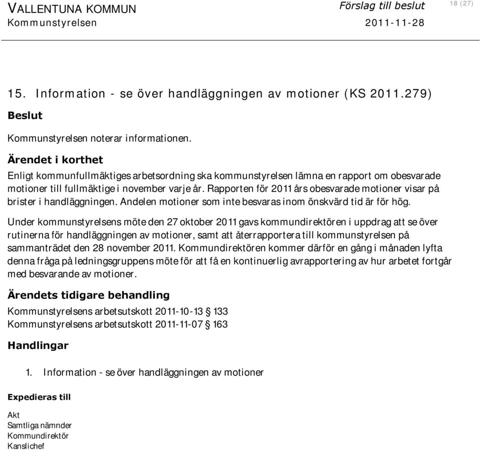 Rapporten för 2011 års obesvarade motioner visar på brister i handläggningen. Andelen motioner som inte besvaras inom önskvärd tid är för hög.