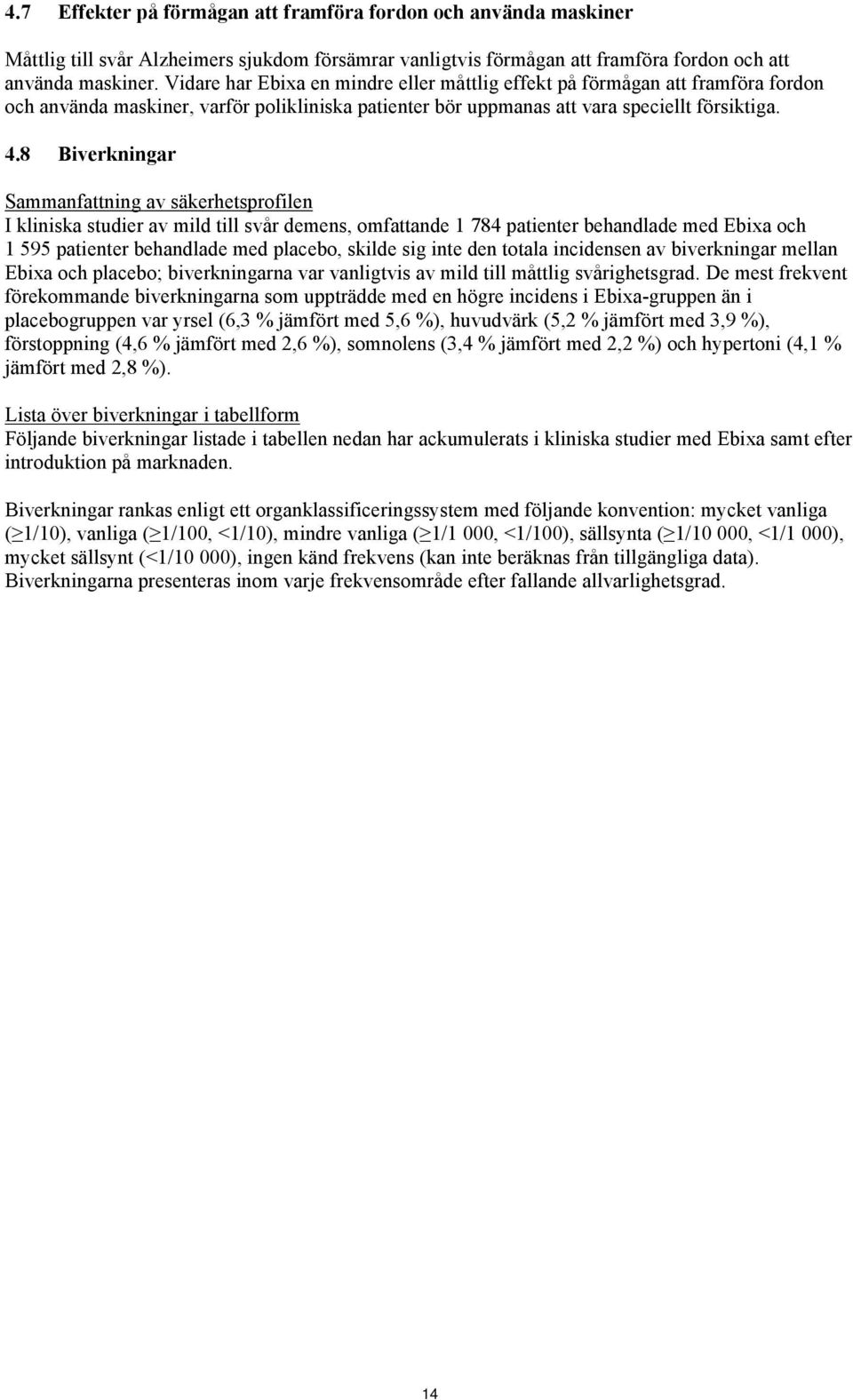 8 Biverkningar Sammanfattning av säkerhetsprofilen I kliniska studier av mild till svår demens, omfattande 1 784 patienter behandlade med Ebixa och 1 595 patienter behandlade med placebo, skilde sig