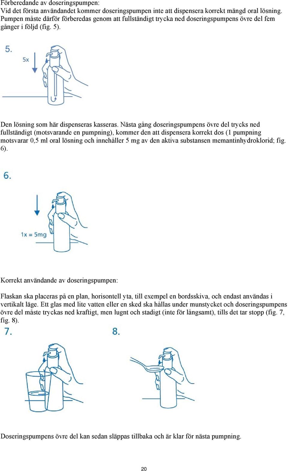 Nästa gång doseringspumpens övre del trycks ned fullständigt (motsvarande en pumpning), kommer den att dispensera korrekt dos (1 pumpning motsvarar 0,5 ml oral lösning och innehåller 5 mg av den