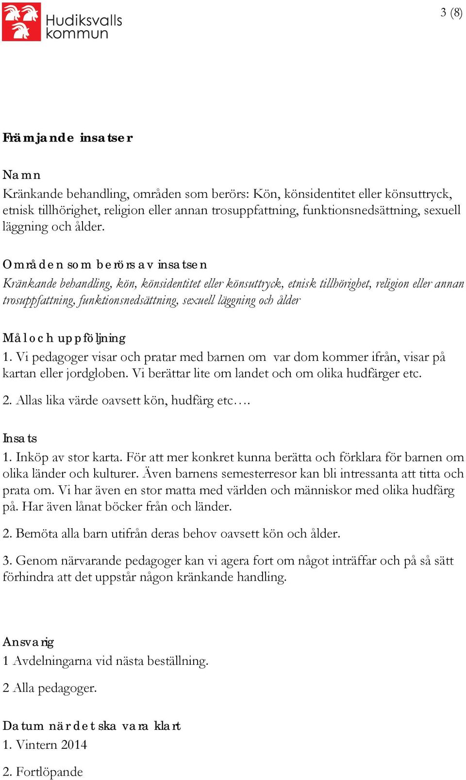 Områden som berörs av insatsen Kränkande behandling, kön, könsidentitet eller könsuttryck, etnisk tillhörighet, religion eller annan trosuppfattning, funktionsnedsättning, sexuell läggning och ålder