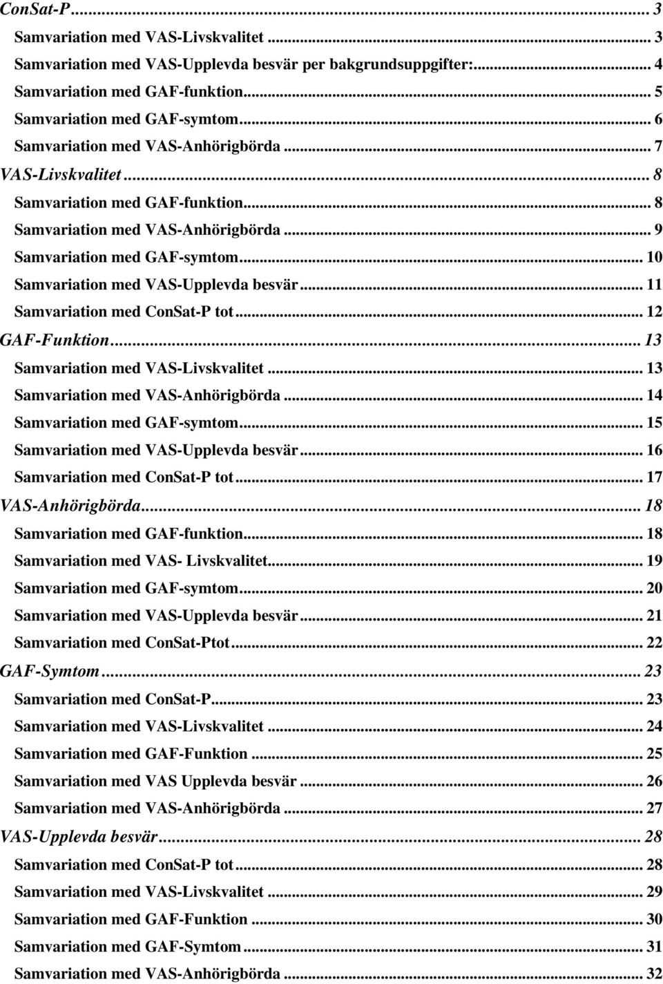 .. 10 Samvariation med VAS-Upplevda besvär... 11 Samvariation med ConSat-P tot... 12 GAF-Funktion... 13 Samvariation med VAS-Livskvalitet... 13 Samvariation med VAS-Anhörigbörda.