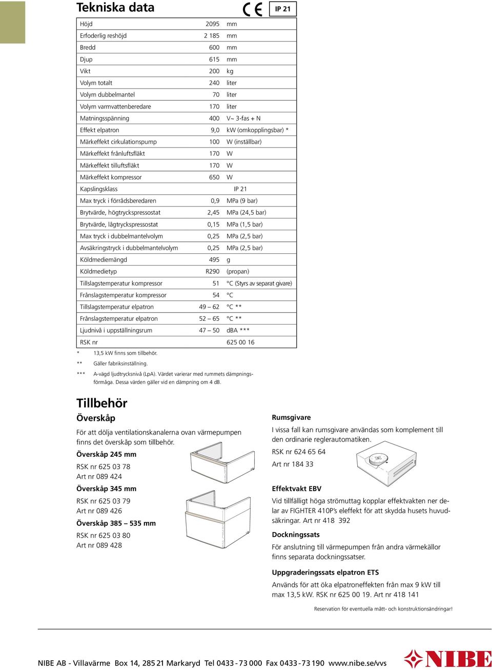 Brytvärde, högtryckspressostt, MP (, br) Brytvärde, lågtryckspressostt 0, MP (, br) Mx tryck i dubbelmntelvolym 0, MP (, br) Avsäkringstryck i dubbelmntelvolym 0, MP (, br) Köldmediemängd g