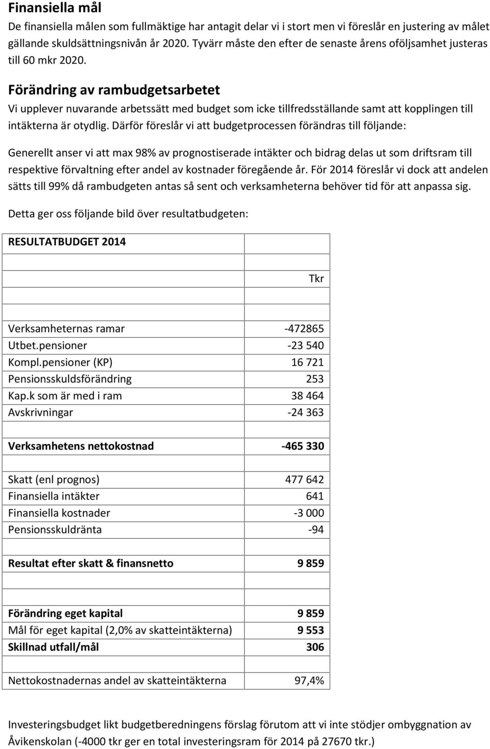 Förändring av rambudgetsarbetet Vi upplever nuvarande arbetssätt med budget som icke tillfredsställande samt att kopplingen till intäkterna är otydlig.