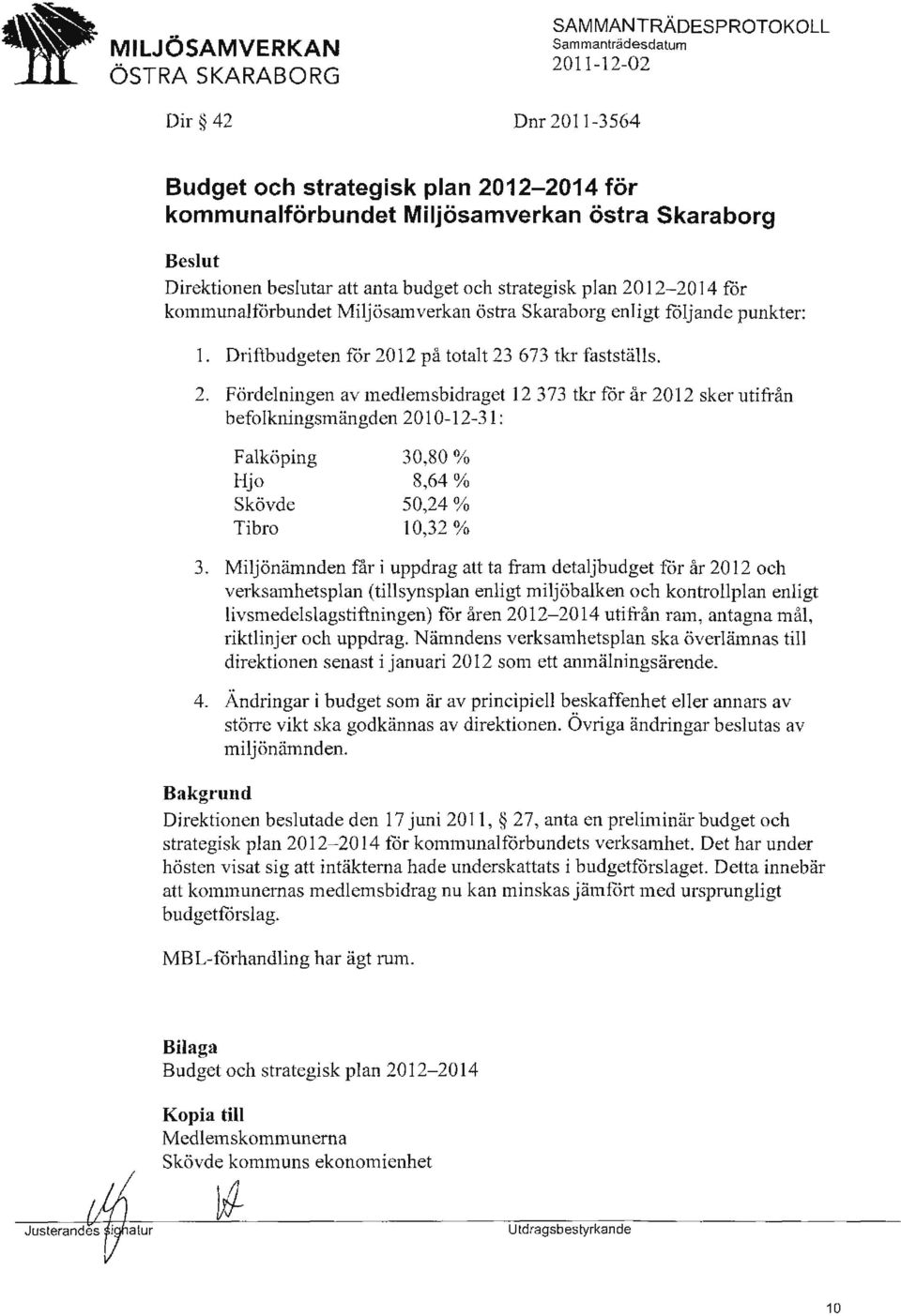 12 på totalt 23 673 tkr fastställs. 2. Fördelningen av medlemsbidraget 12 373 tkr for år 201 2 sker utifrån befolkningsmängden 20 l 0-12-3 1: Falköping Hjo Skövde T i bro 30,80 % 8,64% 50,24 % 10,32% 3.