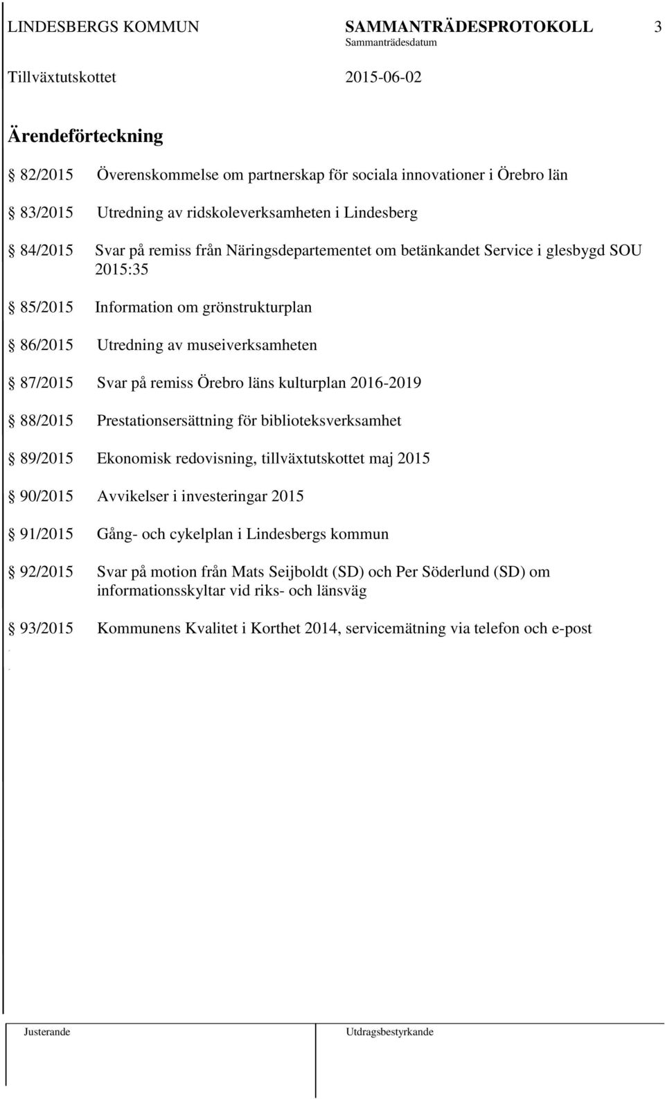 2016-2019 88/2015 Prestationsersättning för biblioteksverksamhet 89/2015 Ekonomisk redovisning, tillväxtutskottet maj 2015 90/2015 Avvikelser i investeringar 2015 91/2015 Gång- och cykelplan i