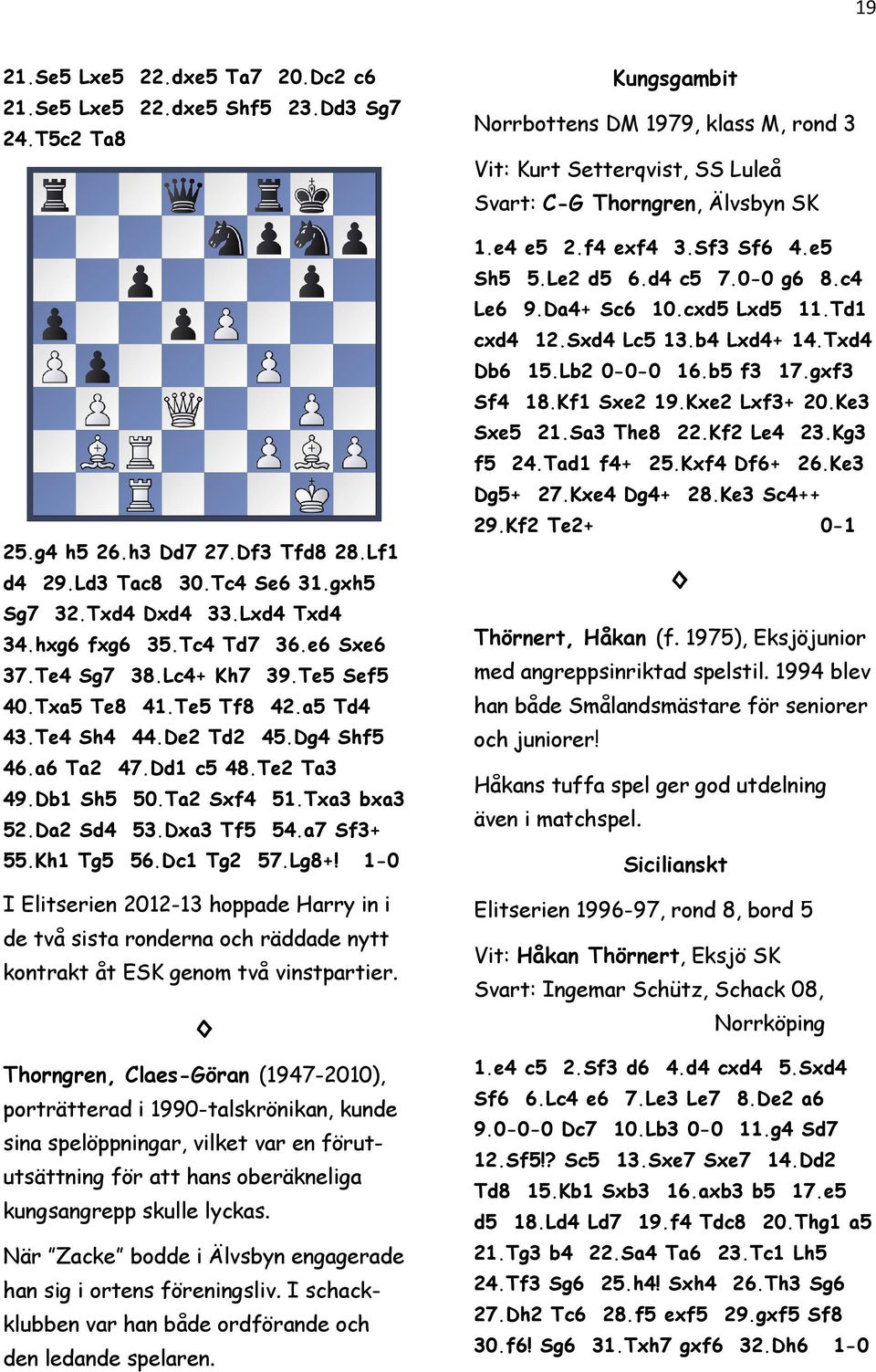 Txa3 bxa3 52.Da2 Sd4 53.Dxa3 Tf5 54.a7 Sf3+ 55.Kh1 Tg5 56.Dc1 Tg2 57.Lg8+! 1-0 I Elitserien 2012-13 hoppade Harry in i de två sista ronderna och räddade nytt kontrakt åt ESK genom två vinstpartier.