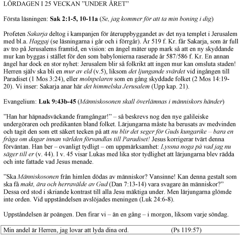 får Sakarja, som är full av tro på Jerusalems framtid, en vision: en ängel mäter upp mark så att en ny skyddande mur kan byggas i stället för den som babylonierna raserade år 587/586 f. Kr.