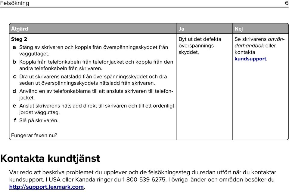 c Dra ut skrivarens nätsladd från överspänningsskyddet och dra sedan ut överspänningsskyddets nätsladd från skrivaren. d Använd en av telefonkablarna till att ansluta skrivaren till telefonjacket.