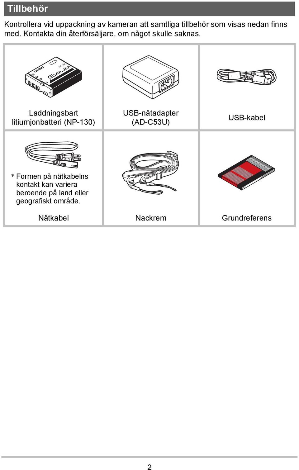 Laddningsbart litiumjonbatteri (NP-130) USB-nätadapter (AD-C53U) USB-kabel * Formen