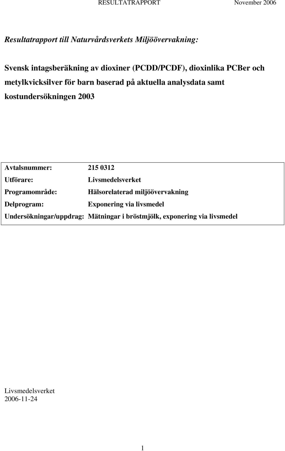 Avtalsnummer: 215 0312 Utförare: Livsmedelsverket Programområde: Hälsorelaterad miljöövervakning Delprogram: