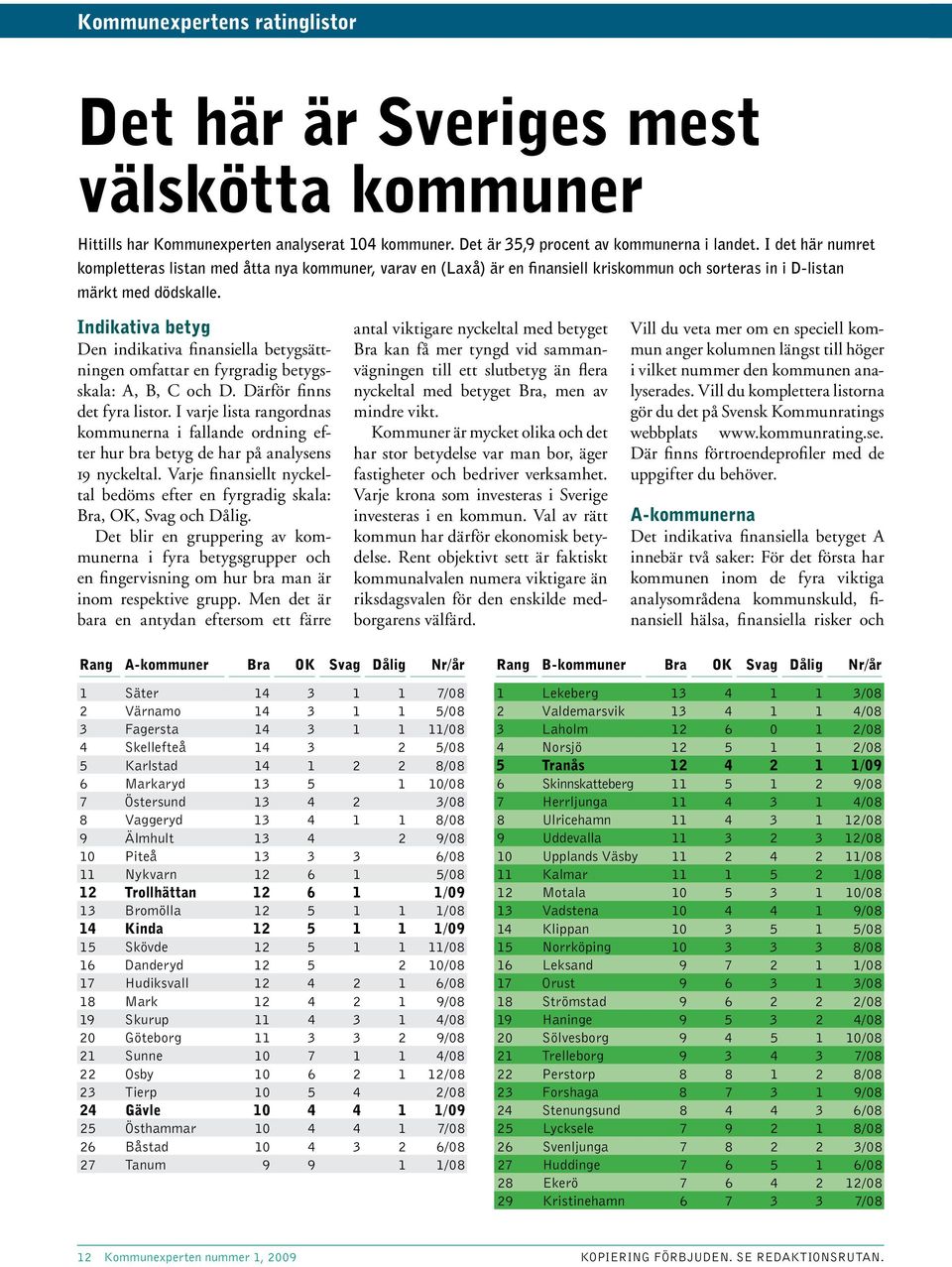 Indikativa betyg Den indikativa finansiella betygsättningen omfattar en fyrgradig betygsskala: A, B, C och D. Därför finns det fyra listor.