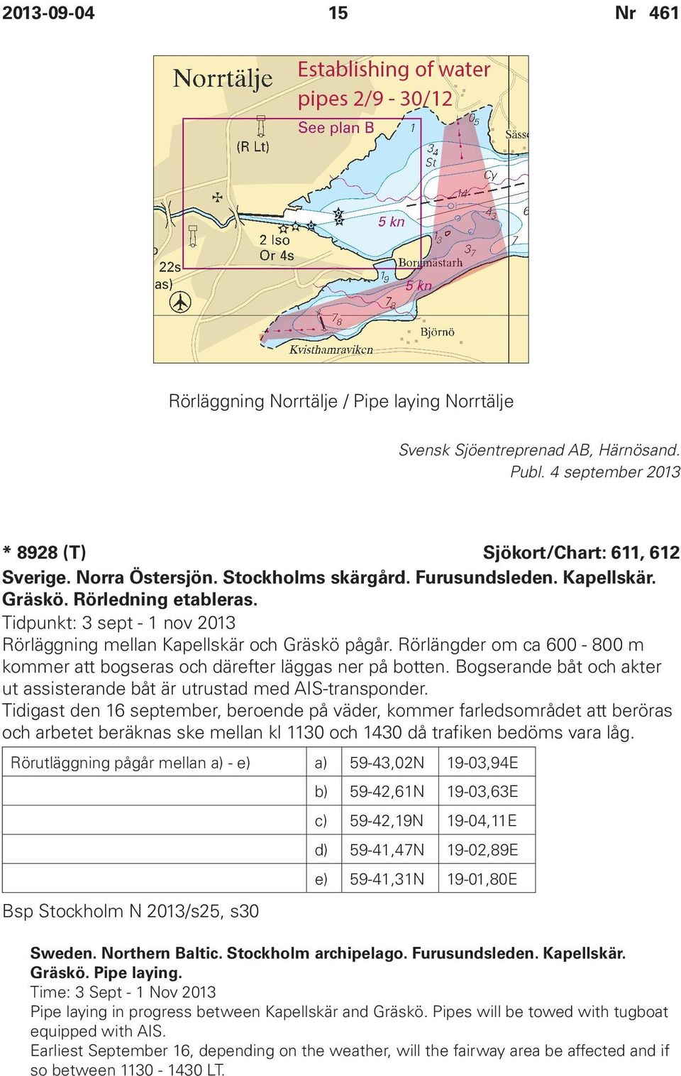 Rörlängder om ca 600-800 m kommer att bogseras och därefter läggas ner på botten. Bogserande båt och akter ut assisterande båt är utrustad med AIS-transponder.