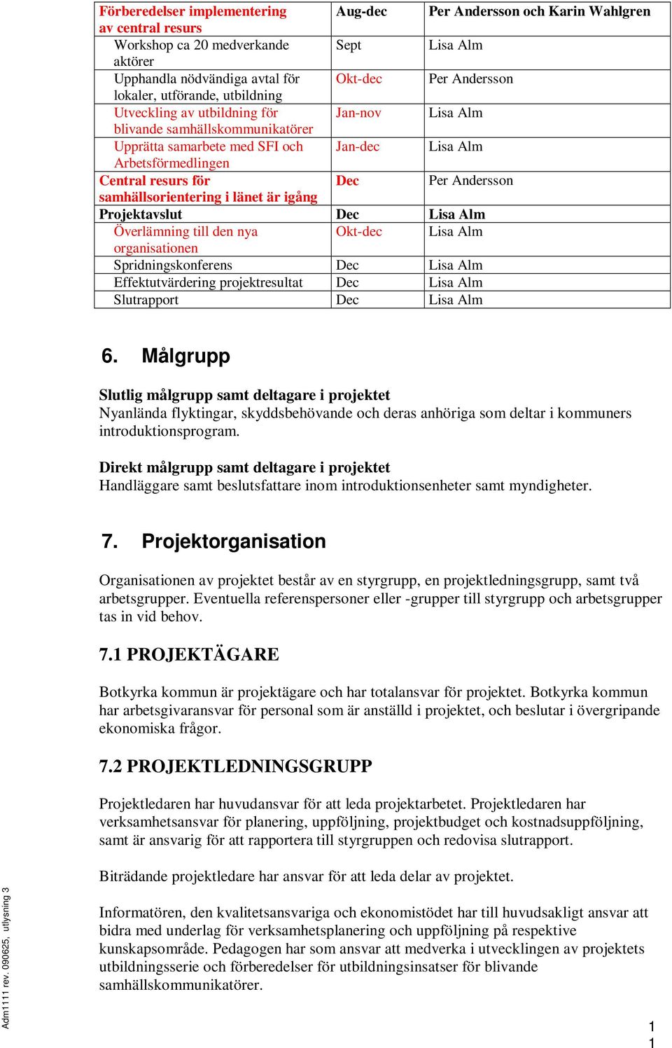 Andersson samhällsorientering i länet är igång Projektavslut Dec Lisa Alm Överlämning till den nya Okt-dec Lisa Alm organisationen Spridningskonferens Dec Lisa Alm Effektutvärdering projektresultat