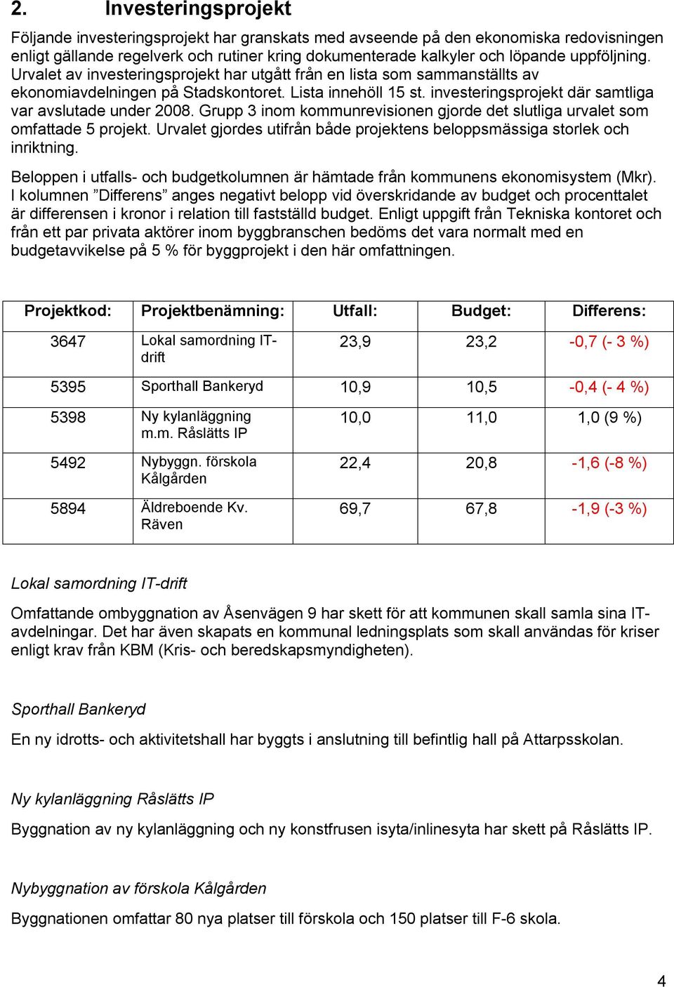 investeringsprojekt där samtliga var avslutade under 2008. Grupp 3 inom kommunrevisionen gjorde det slutliga urvalet som omfattade 5 projekt.