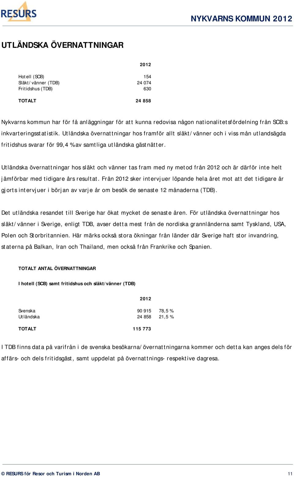 Utländska övernattningar hos framför allt släkt/vänner och i viss mån utlandsägda fritidshus svarar för 99,4 % av samtliga utländska gästnätter.