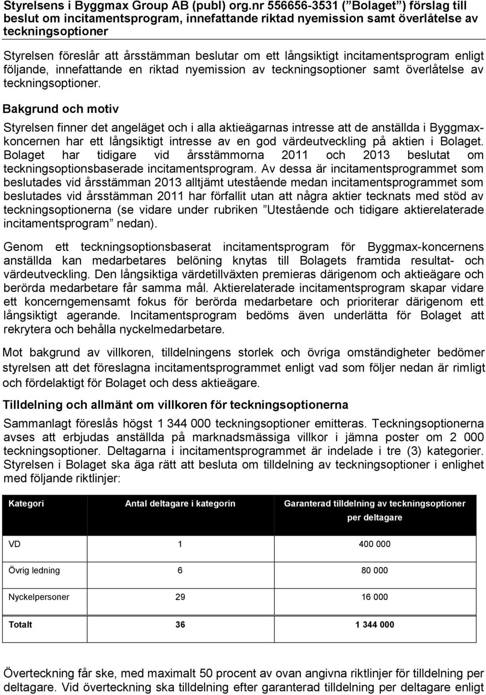 långsiktigt incitamentsprogram enligt följande, innefattande en riktad nyemission av teckningsoptioner samt överlåtelse av teckningsoptioner.