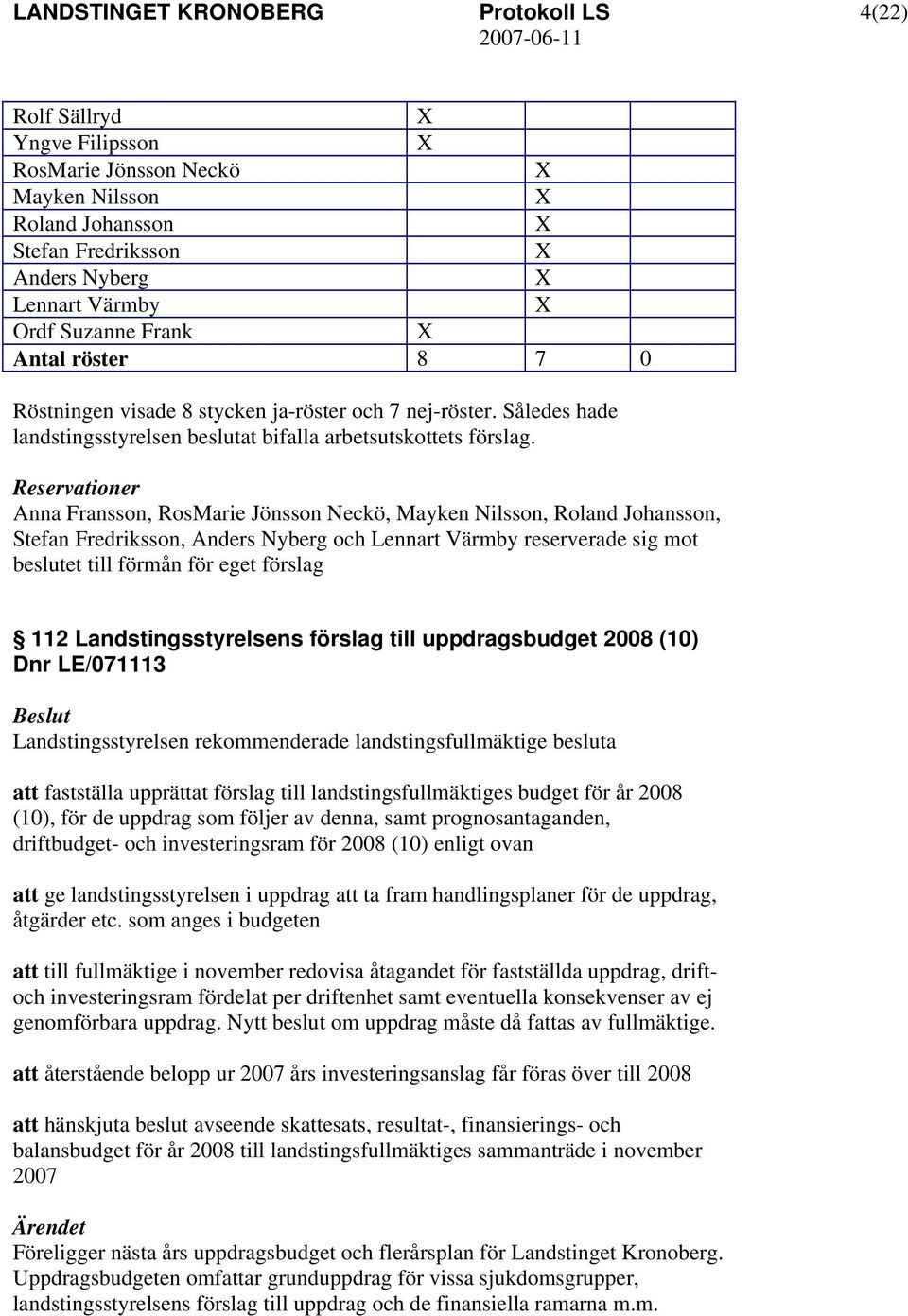 Reservationer Anna Fransson, RosMarie Jönsson Neckö, Mayken Nilsson, Roland Johansson, Stefan Fredriksson, Anders Nyberg och Lennart Värmby reserverade sig mot beslutet till förmån för eget förslag