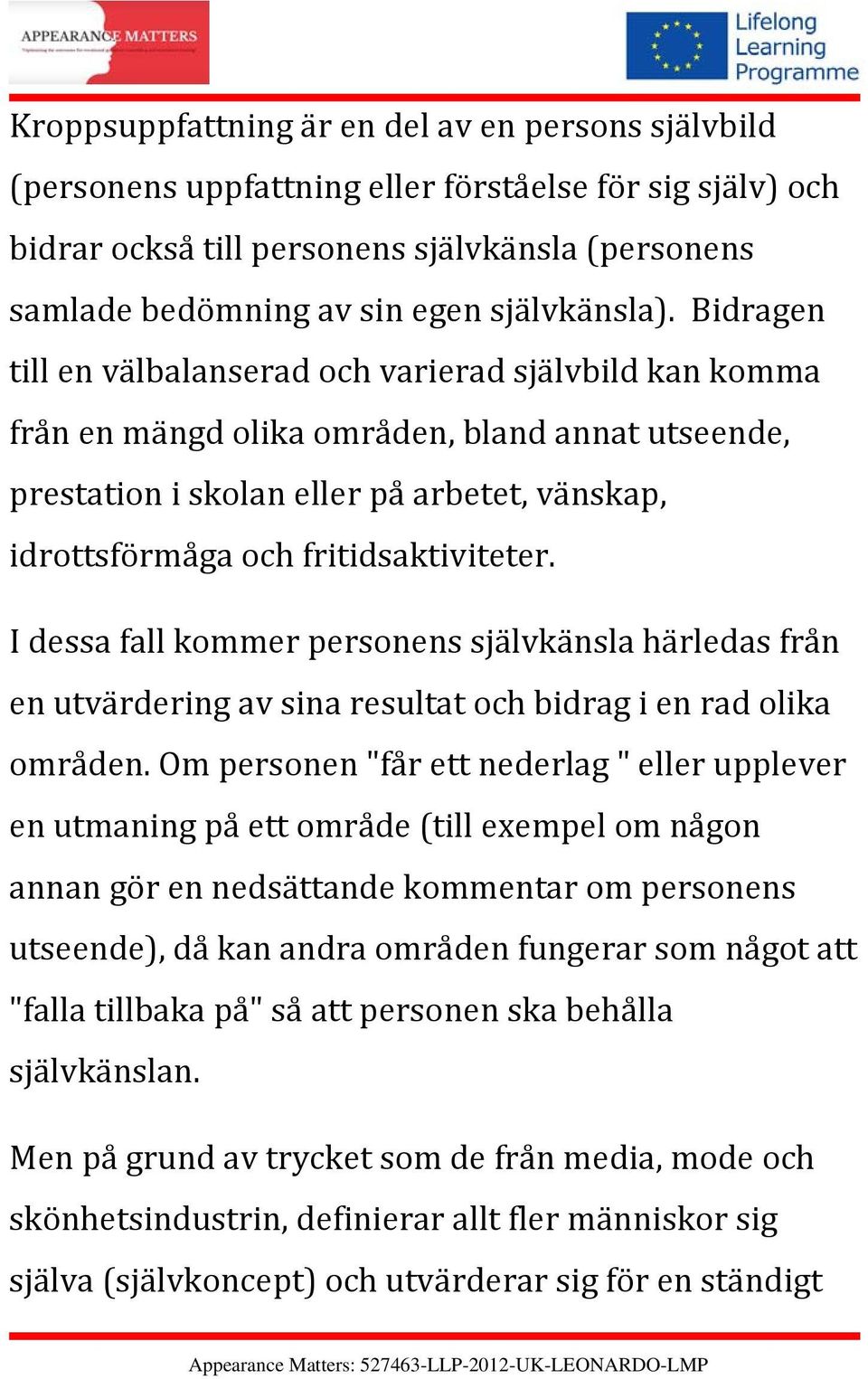 Bidragen till en välbalanserad och varierad självbild kan komma från en mängd olika områden, bland annat utseende, prestation i skolan eller på arbetet, vänskap, idrottsförmåga och fritidsaktiviteter.