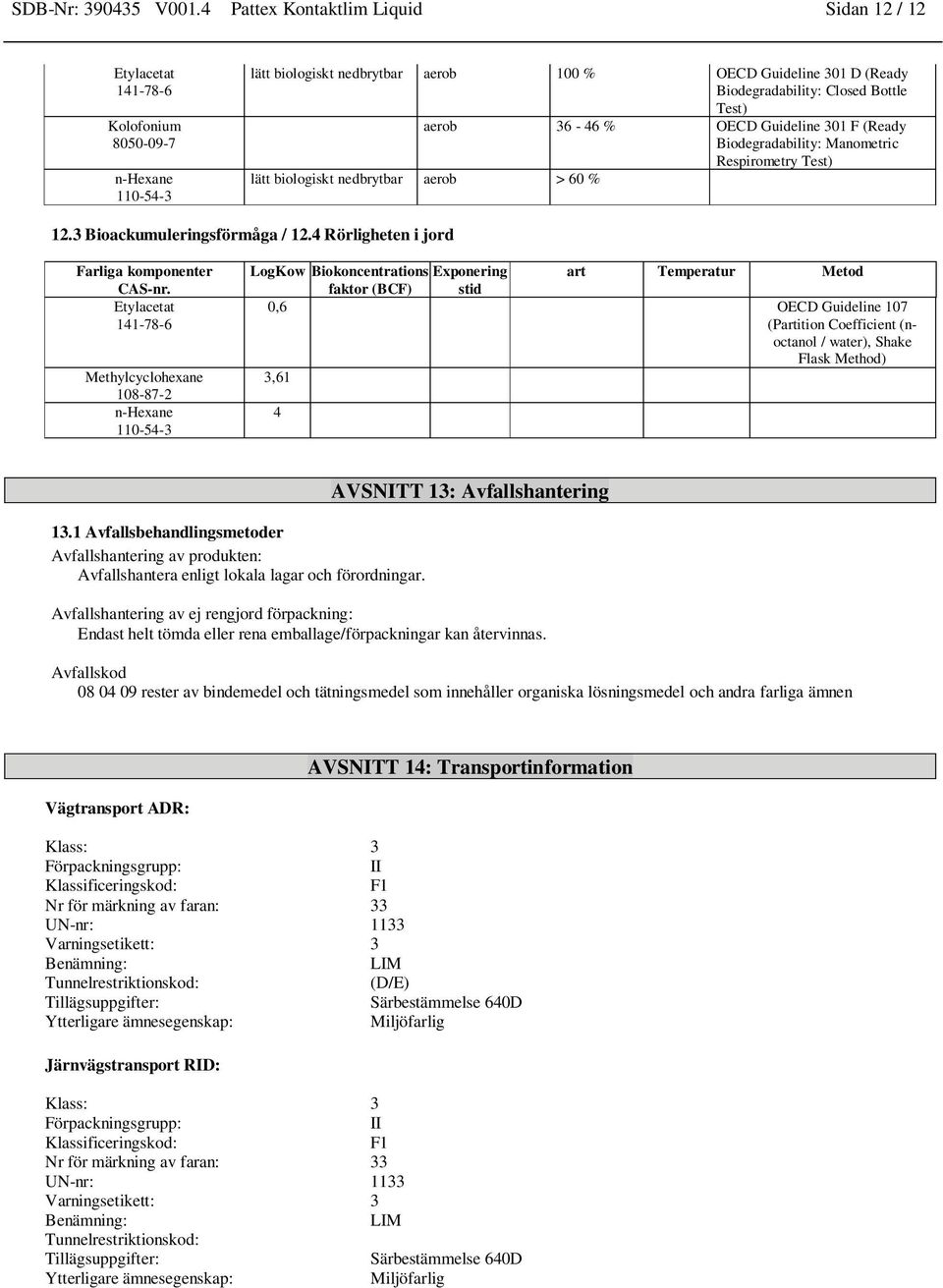 F (Ready Biodegradability: Manometric Respirometry Test) lätt biologiskt nedbrytbar aerob > 60 % 12.3 Bioackumuleringsförmåga / 12.