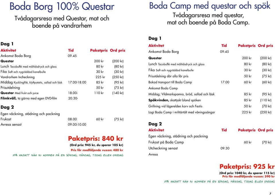 45 30 kr (30 kr) Vandrarhem Incheckning 225 kr (250 kr) Middag Kycklingfilé, klyftpotatis, sallad och läsk 17.00-18.00 85 kr (95 kr) Prisutdelning 50 kr (75 kr) Questar Med frukt och juice 18.00-20.