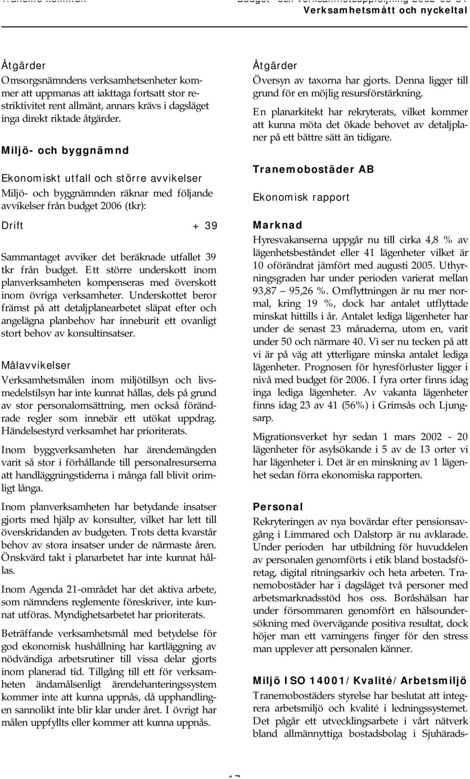 Miljö- och byggnämnd Ekonomiskt utfall och större avvikelser Miljö- och byggnämnden räknar med följande avvikelser från budget 2006 (tkr): Drift + 39 Sammantaget avviker det beräknade utfallet 39 tkr