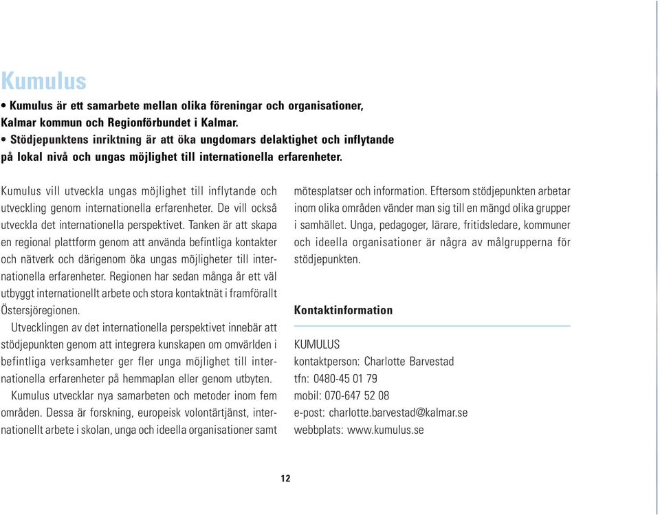 Kumulus vill utveckla ungas möjlighet till inflytande och utveckling genom internationella erfarenheter. De vill också utveckla det internationella perspektivet.