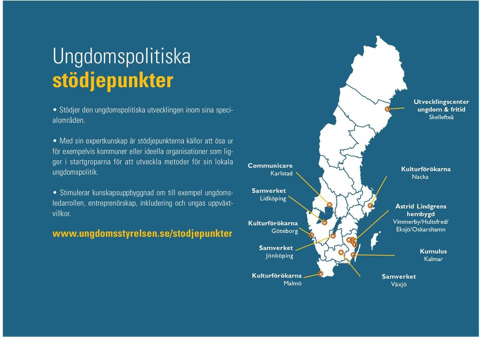 ungdomspolitik. Stimulerar kunskapsuppbyggnad om till exempel ungdomsledarrollen, entreprenörskap, inkludering och ungas uppväxtvillkor. www.ungdomsstyrelsen.