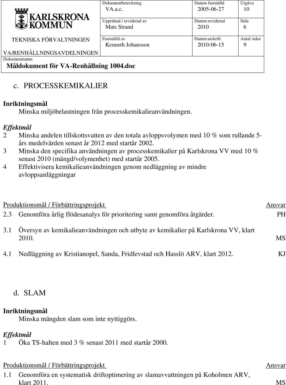 3 Minska den specifika användningen av processkemikalier på Karlskrona VV med % senast (mängd/volymenhet) med startår 2005.