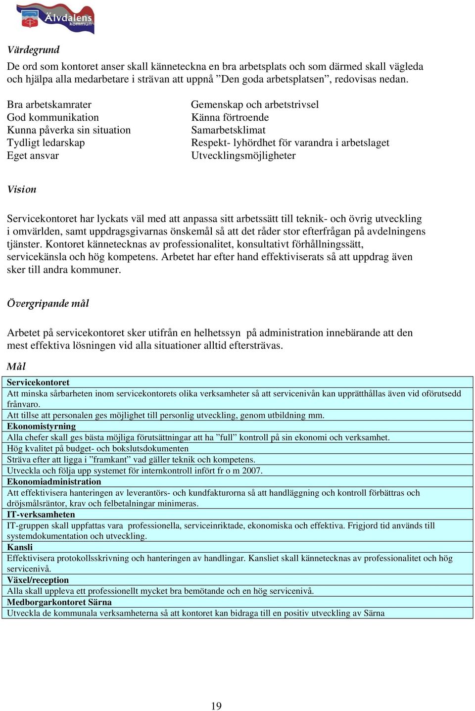 arbetslaget Utvecklingsmöjligheter Vision Servicekontoret har lyckats väl med att anpassa sitt arbetssätt till teknik- och övrig utveckling i omvärlden, samt uppdragsgivarnas önskemål så att det